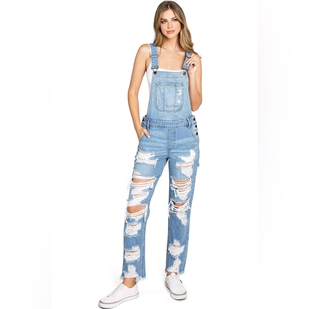 Cello Light Wash Distressed Denim Overalls NWT Size XS